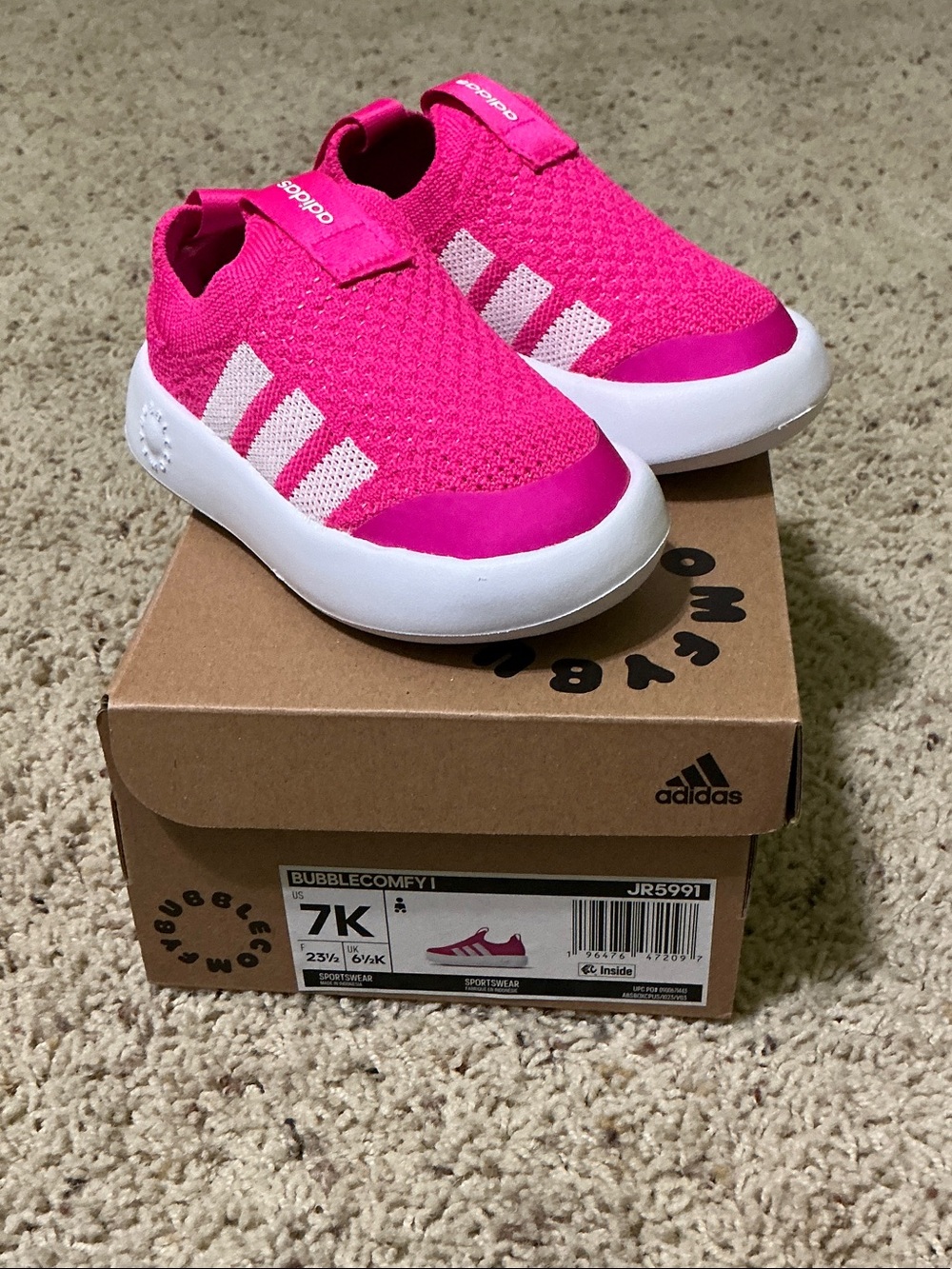 adidas Kids Bubblecomfy Slip-On Sneakers in Bright Pink and White